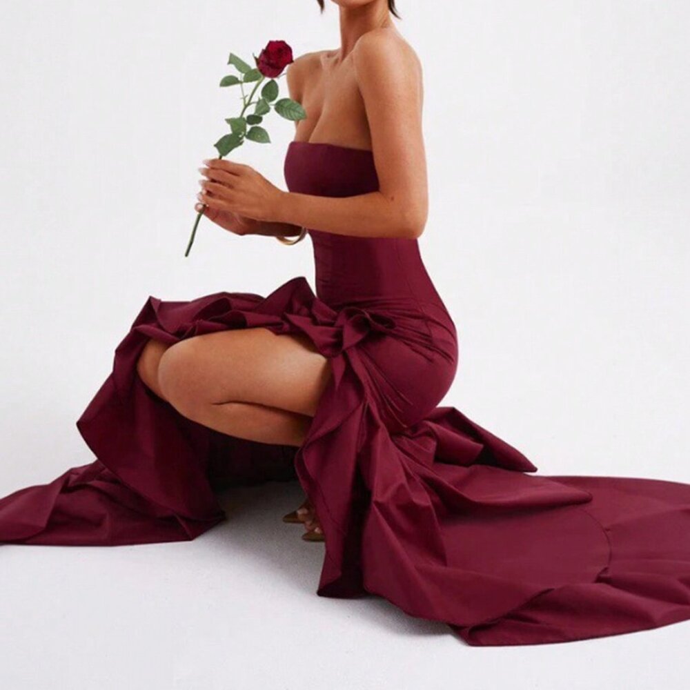 Burgundy Party Women's Sexy Strapless Asymmetrical Hem Fitted maXI Dress - Picture 7 of 9